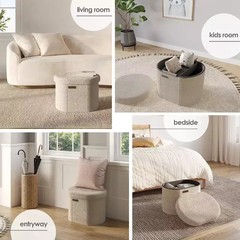 Banc de rangement pour bout de lit de chambre, banc de rangement ovale en bouclé, grand banc de rangement ottoman, banc d'entrée avec rangement