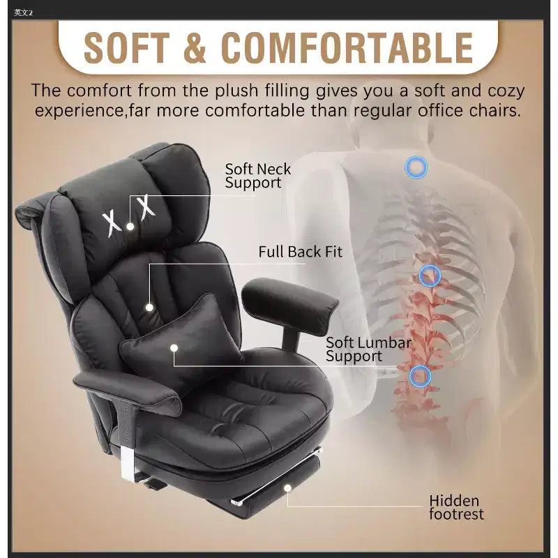 Fauteuil de bureau grande taille et robuste avec repose-pieds - Chaise de bureau exécutive à dossier haut avec assise large, accoudoirs réglables, chaise d'ordinateur ergonomique, noir
