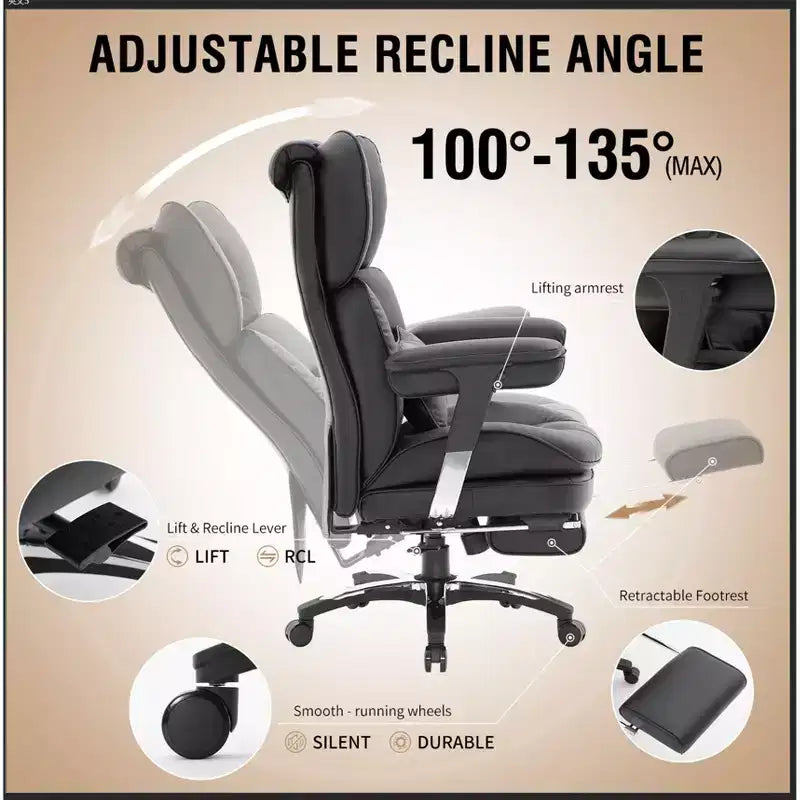 Fauteuil de bureau grande taille et robuste avec repose-pieds - Chaise de bureau exécutive à dossier haut avec assise large, accoudoirs réglables, chaise d'ordinateur ergonomique, noir