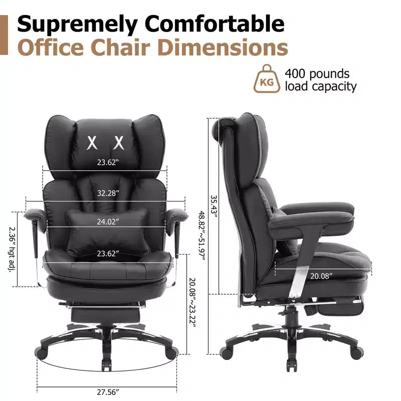 Fauteuil de bureau grande taille et robuste avec repose-pieds - Chaise de bureau exécutive à dossier haut avec assise large, accoudoirs réglables, chaise d'ordinateur ergonomique, noir
