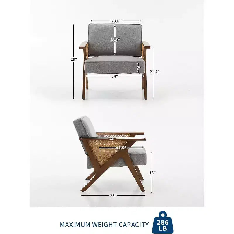 Fauteuil de salon en rotin Mid-Century, fauteuil vintage rembourré en lin avec cadre en bois pour salon/chambre à coucher, capacité de 130 kg, beige/gris