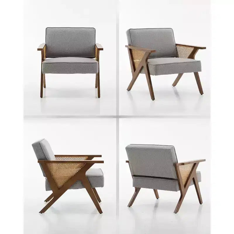 Fauteuil de salon en rotin Mid-Century, fauteuil vintage rembourré en lin avec cadre en bois pour salon/chambre à coucher, capacité de 130 kg, beige/gris