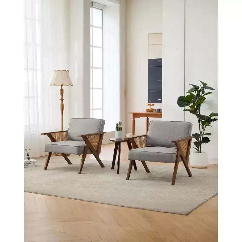 Fauteuil de salon en rotin Mid-Century, fauteuil vintage rembourré en lin avec cadre en bois pour salon/chambre à coucher, capacité de 130 kg, beige/gris