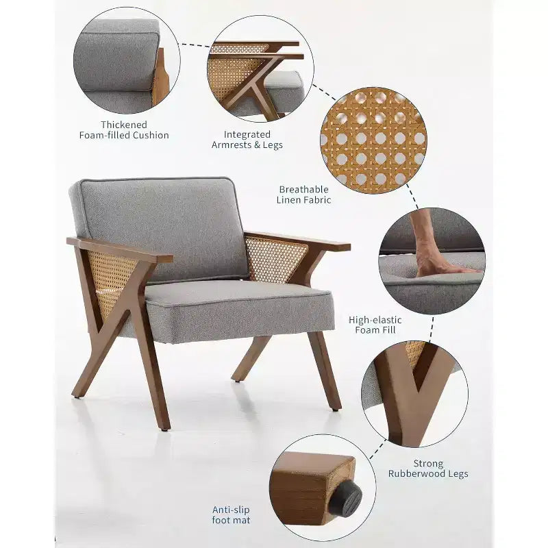 Fauteuil de salon en rotin Mid-Century, fauteuil vintage rembourré en lin avec cadre en bois pour salon/chambre à coucher, capacité de 130 kg, beige/gris