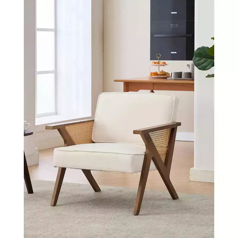 Fauteuil de salon en rotin Mid-Century, fauteuil vintage rembourré en lin avec cadre en bois pour salon/chambre à coucher, capacité de 130 kg, beige/gris