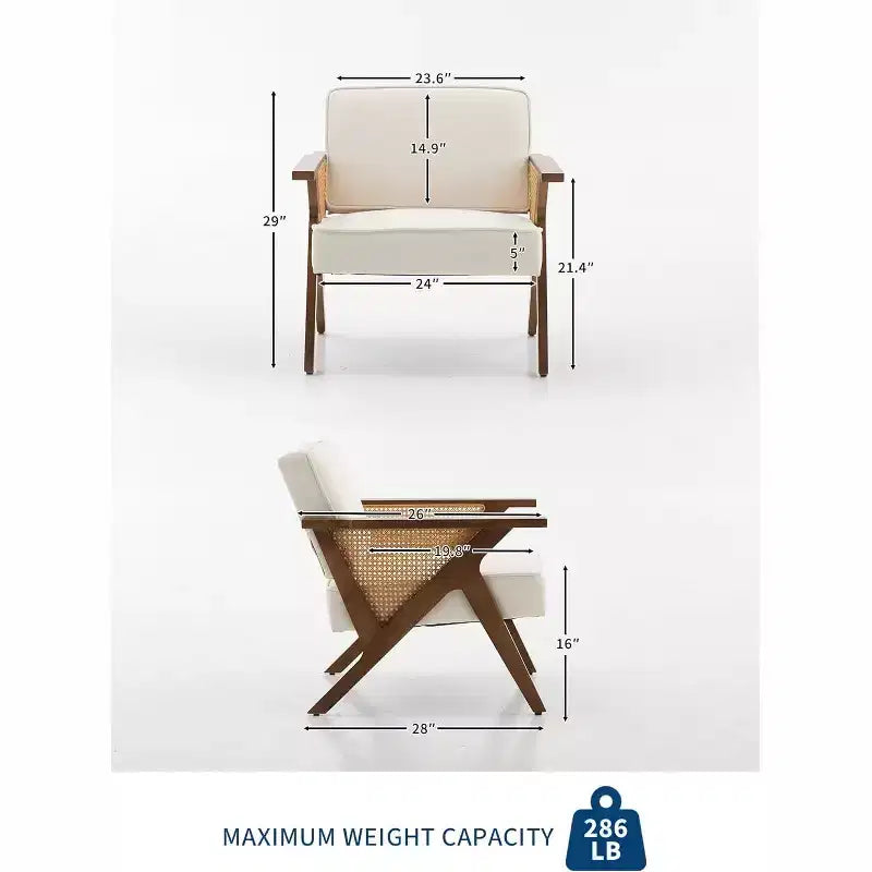 Fauteuil de salon en rotin Mid-Century, fauteuil vintage rembourré en lin avec cadre en bois pour salon/chambre à coucher, capacité de 130 kg, beige/gris