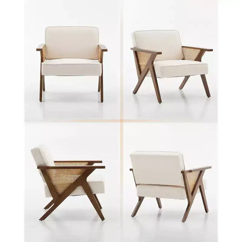 Fauteuil de salon en rotin Mid-Century, fauteuil vintage rembourré en lin avec cadre en bois pour salon/chambre à coucher, capacité de 130 kg, beige/gris