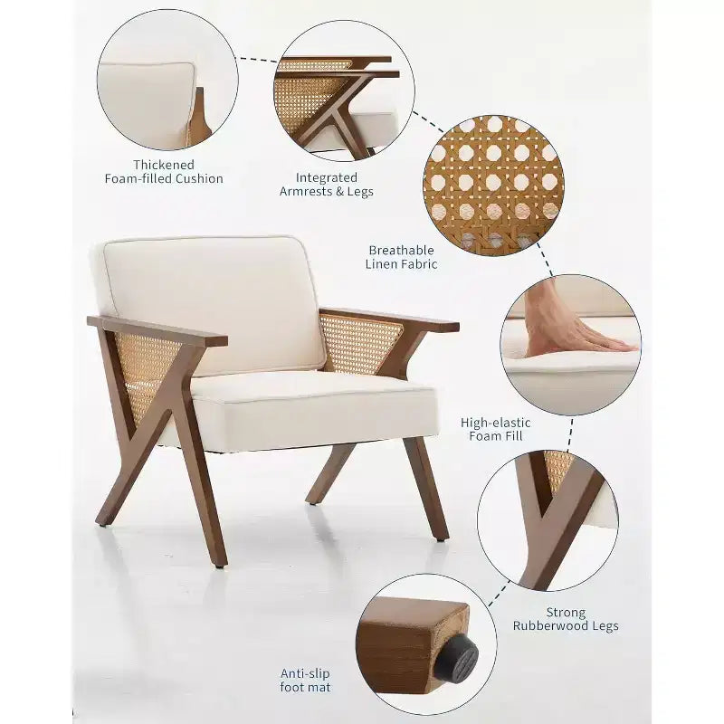 Fauteuil de salon en rotin Mid-Century, fauteuil vintage rembourré en lin avec cadre en bois pour salon/chambre à coucher, capacité de 130 kg, beige/gris