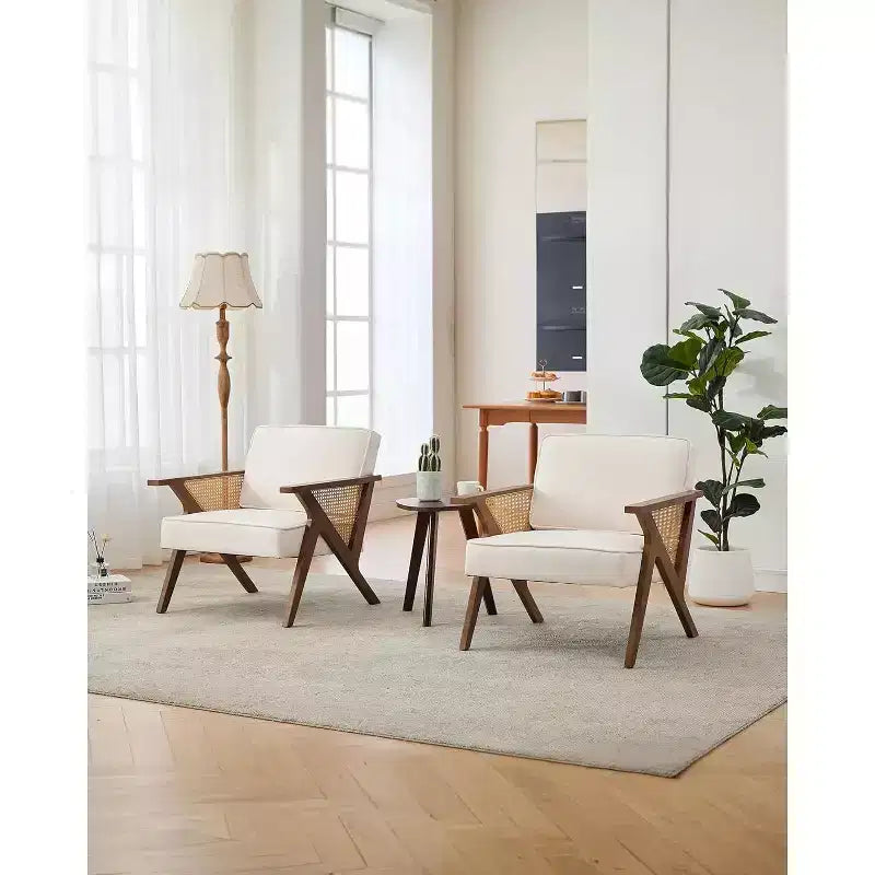Fauteuil de salon en rotin Mid-Century, fauteuil vintage rembourré en lin avec cadre en bois pour salon/chambre à coucher, capacité de 130 kg, beige/gris