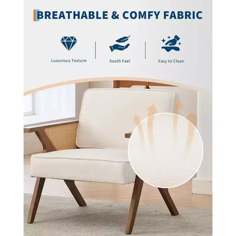 Fauteuil de salon en rotin Mid-Century, fauteuil vintage rembourré en lin avec cadre en bois pour salon/chambre à coucher, capacité de 130 kg, beige/gris