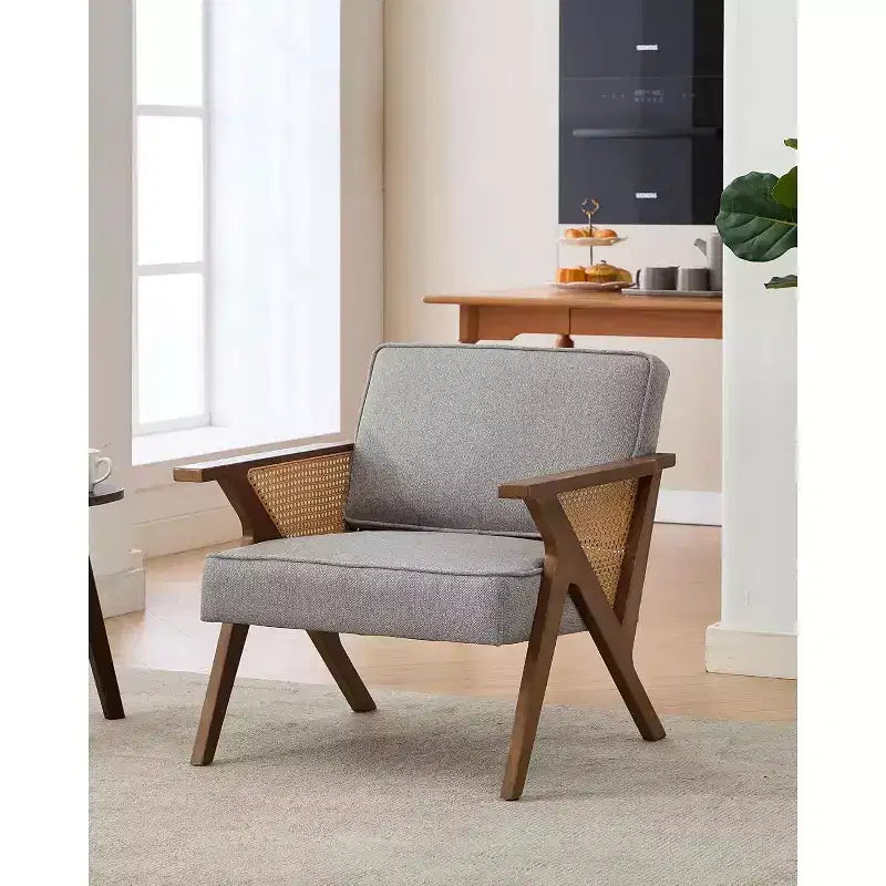 Fauteuil de salon en rotin Mid-Century, fauteuil vintage rembourré en lin avec cadre en bois pour salon/chambre à coucher, capacité de 130 kg, beige/gris