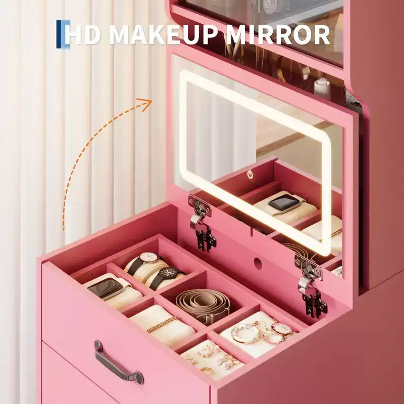 Coiffeuse 3-en-1, Coiffeuse Compacte, Table de Maquillage, Table de Chevet avec Miroir, Boîte à Bijoux, Chaise Rembourrée Dissimulée