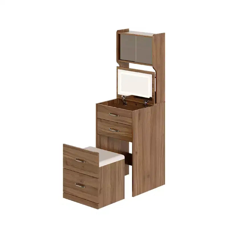 Coiffeuse 3-en-1, Coiffeuse Compacte, Table de Maquillage, Table de Chevet avec Miroir, Boîte à Bijoux, Chaise Rembourrée Dissimulée