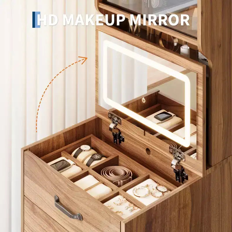 Coiffeuse 3-en-1, Coiffeuse Compacte, Table de Maquillage, Table de Chevet avec Miroir, Boîte à Bijoux, Chaise Rembourrée Dissimulée