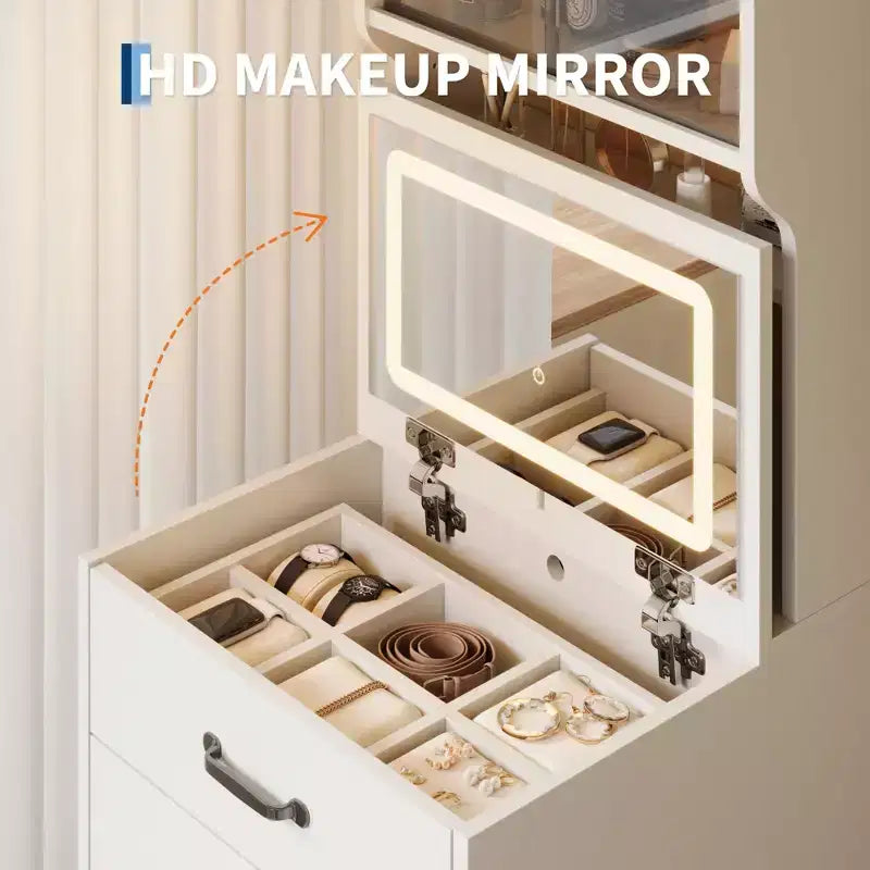 Coiffeuse 3-en-1, Coiffeuse Compacte, Table de Maquillage, Table de Chevet avec Miroir, Boîte à Bijoux, Chaise Rembourrée Dissimulée