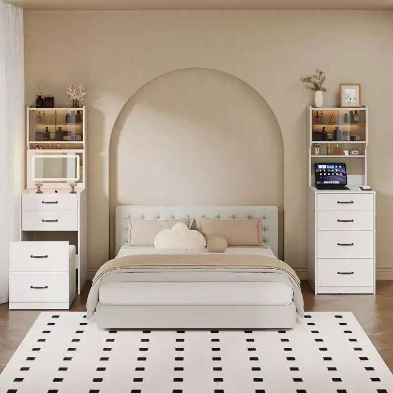 Coiffeuse 3-en-1, Coiffeuse Compacte, Table de Maquillage, Table de Chevet avec Miroir, Boîte à Bijoux, Chaise Rembourrée Dissimulée