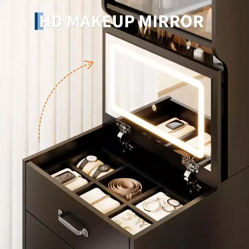 Coiffeuse 3-en-1, Coiffeuse Compacte, Table de Maquillage, Table de Chevet avec Miroir, Boîte à Bijoux, Chaise Rembourrée Dissimulée