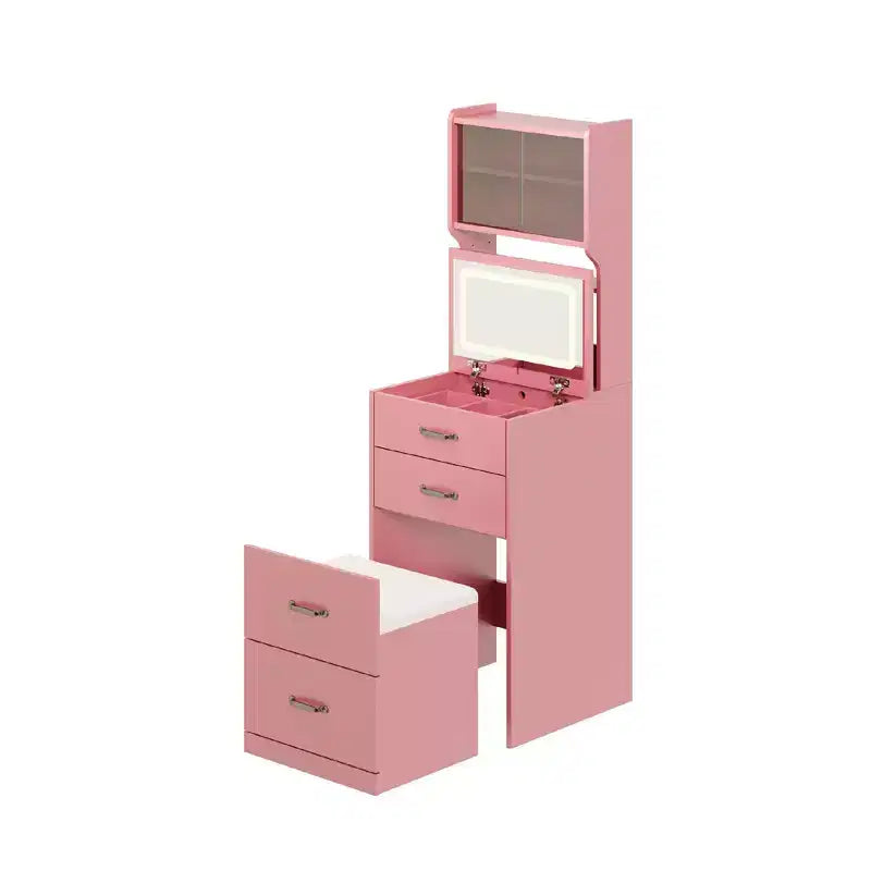 Coiffeuse 3-en-1, Coiffeuse Compacte, Table de Maquillage, Table de Chevet avec Miroir, Boîte à Bijoux, Chaise Rembourrée Dissimulée