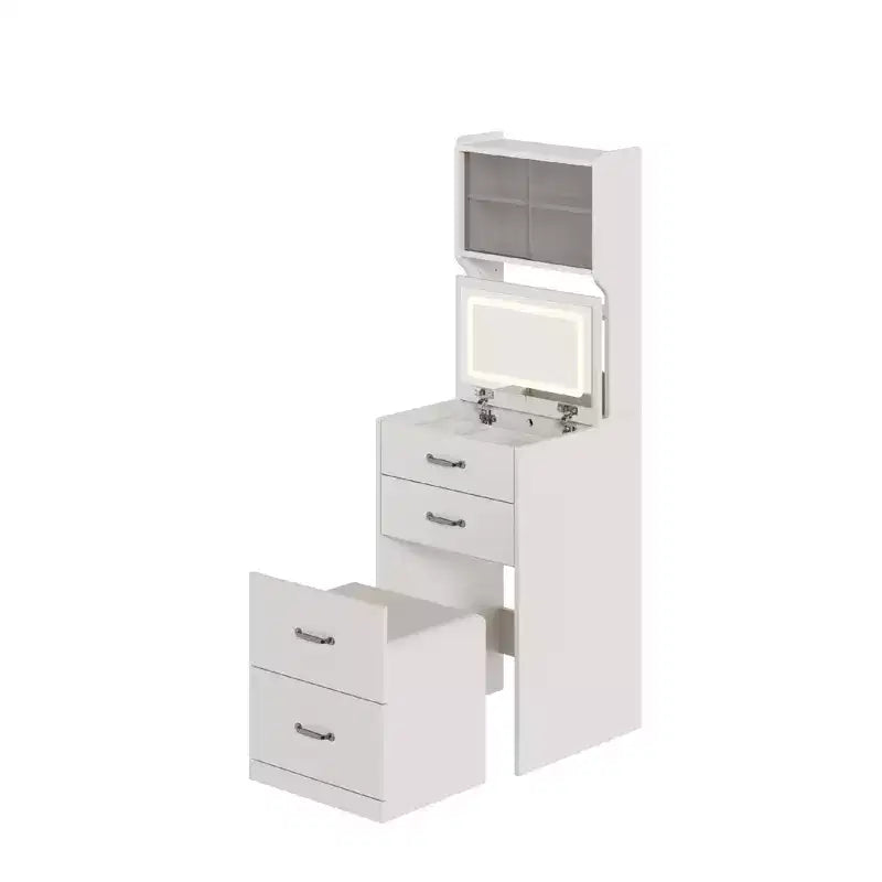 Coiffeuse 3-en-1, Coiffeuse Compacte, Table de Maquillage, Table de Chevet avec Miroir, Boîte à Bijoux, Chaise Rembourrée Dissimulée