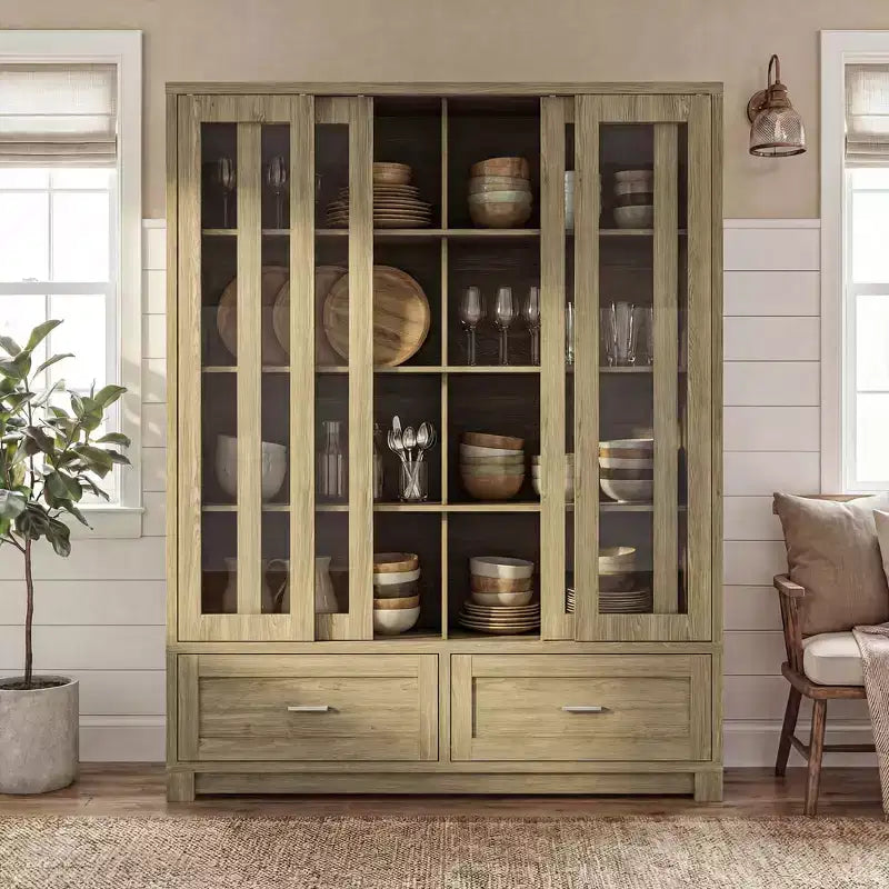 Meuble de rangement haut en chêne rustique pour cuisine avec portes vitrées coulissantes et 2 grands tiroirs – Vaisselier pour salle à manger