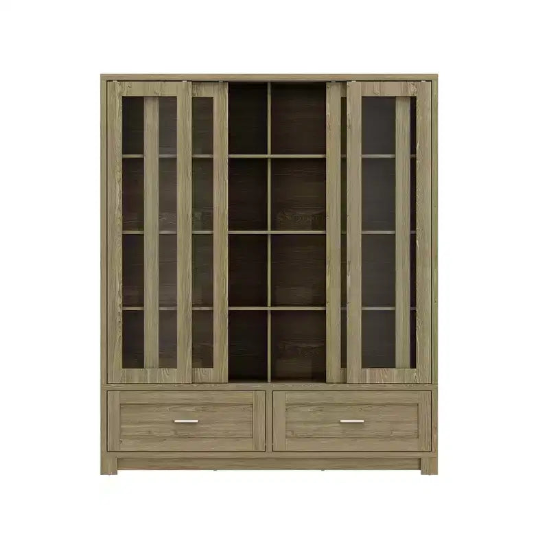 Meuble de rangement haut en chêne rustique pour cuisine avec portes vitrées coulissantes et 2 grands tiroirs – Vaisselier pour salle à manger