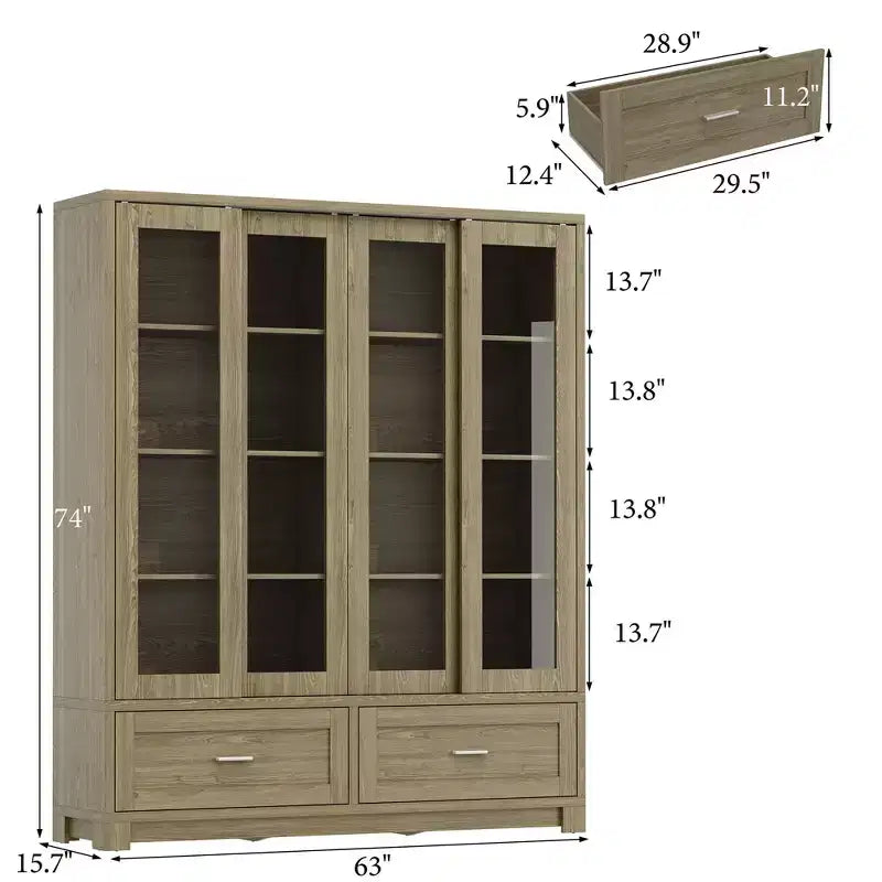 Meuble de rangement haut en chêne rustique pour cuisine avec portes vitrées coulissantes et 2 grands tiroirs – Vaisselier pour salle à manger