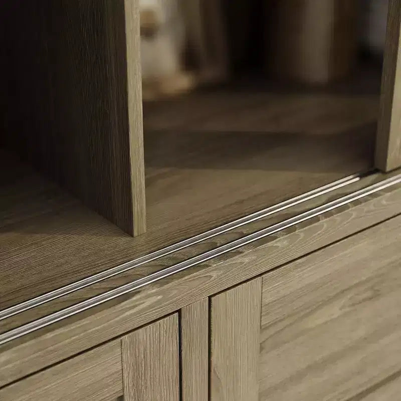 Meuble de rangement haut en chêne rustique pour cuisine avec portes vitrées coulissantes et 2 grands tiroirs – Vaisselier pour salle à manger