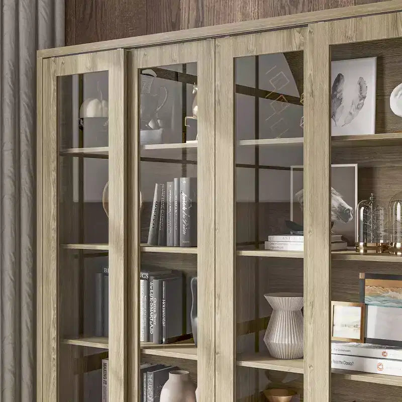 Meuble de rangement haut en chêne rustique pour cuisine avec portes vitrées coulissantes et 2 grands tiroirs – Vaisselier pour salle à manger