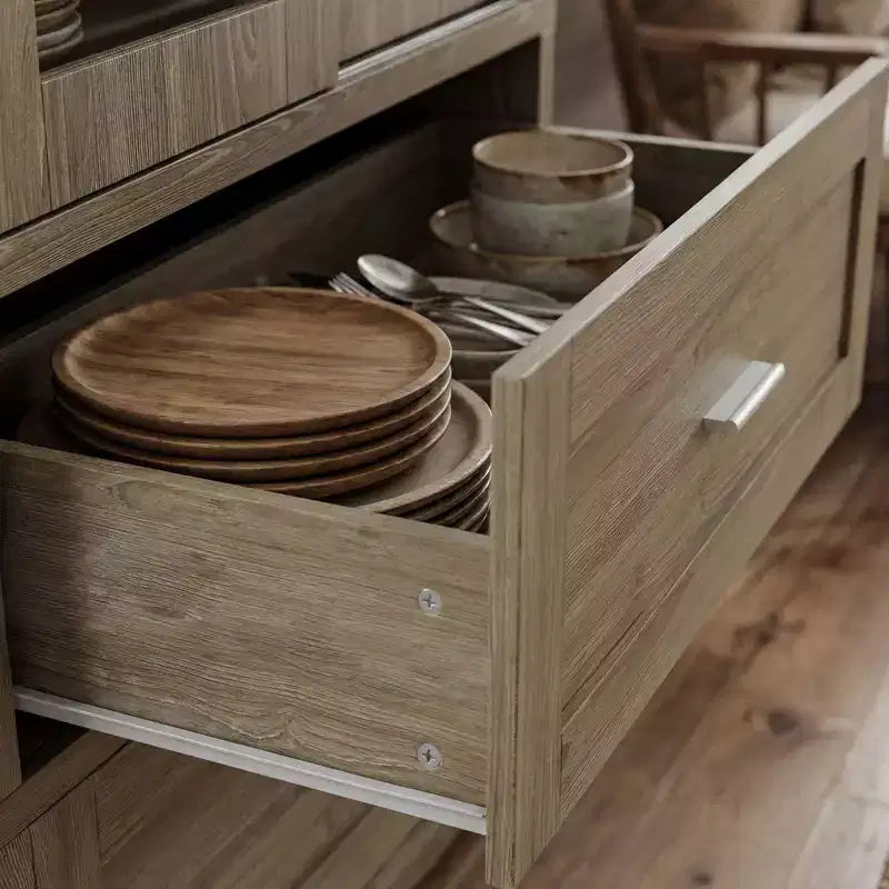 Meuble de rangement haut en chêne rustique pour cuisine avec portes vitrées coulissantes et 2 grands tiroirs – Vaisselier pour salle à manger