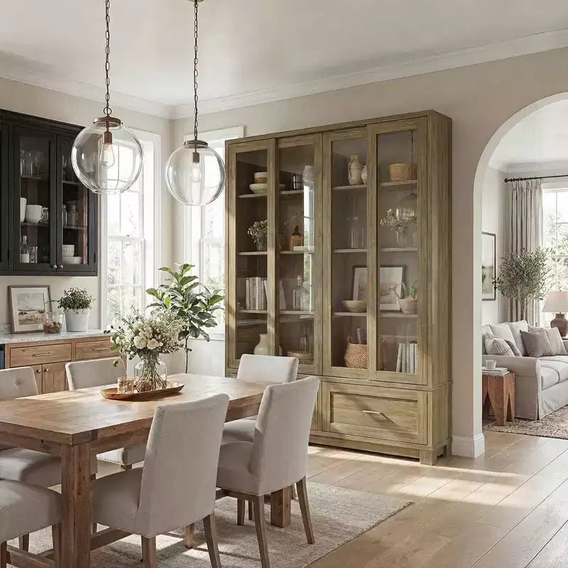 Meuble de rangement haut en chêne rustique pour cuisine avec portes vitrées coulissantes et 2 grands tiroirs – Vaisselier pour salle à manger