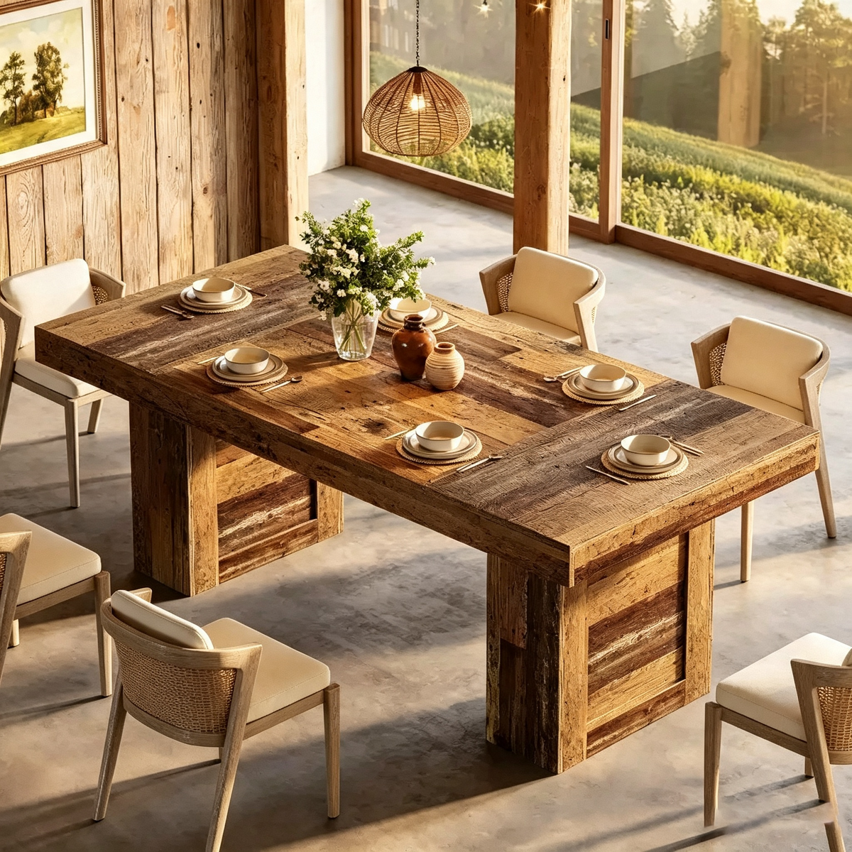 Table de salle à manger de ferme de 160 cm pour 6 personnes, table de cuisine rectangulaire en bois avec pieds robustes pour repas de famille, salle à manger, marron rustique