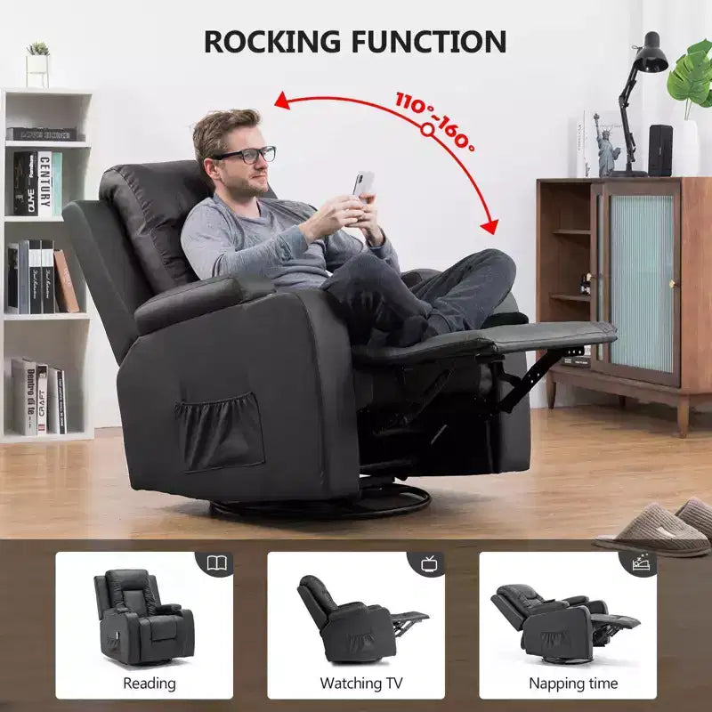Fauteuil inclinable à levier latéral en similicuir, fauteuil à bascule avec massage chauffant noir