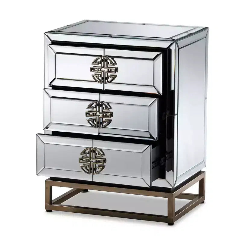 Table de chevet à 3 tiroirs miroir - Bronze antique élégant, bords biseautés, aucun assemblage requis