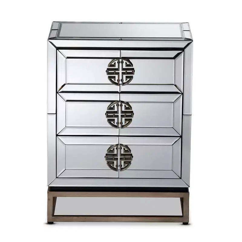 Table de chevet à 3 tiroirs miroir - Bronze antique élégant, bords biseautés, aucun assemblage requis