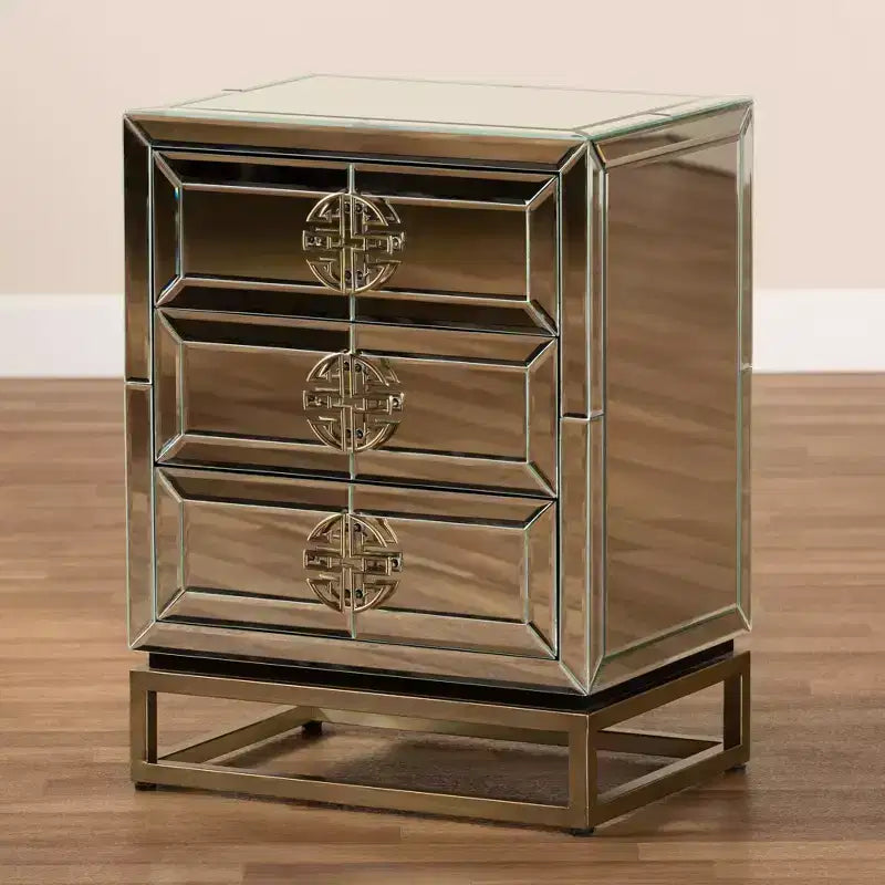 Table de chevet à 3 tiroirs miroir - Bronze antique élégant, bords biseautés, aucun assemblage requis