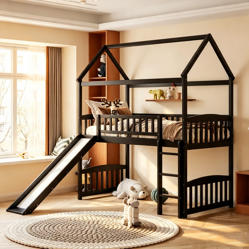 Lit mezzanine double cabane avec toboggan, structure de lit mezzanine en bois avec échelle et toit