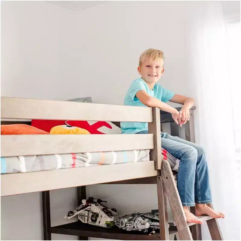 Lit superposé en bois massif en L, simple sur double avec bibliothèque pour enfants