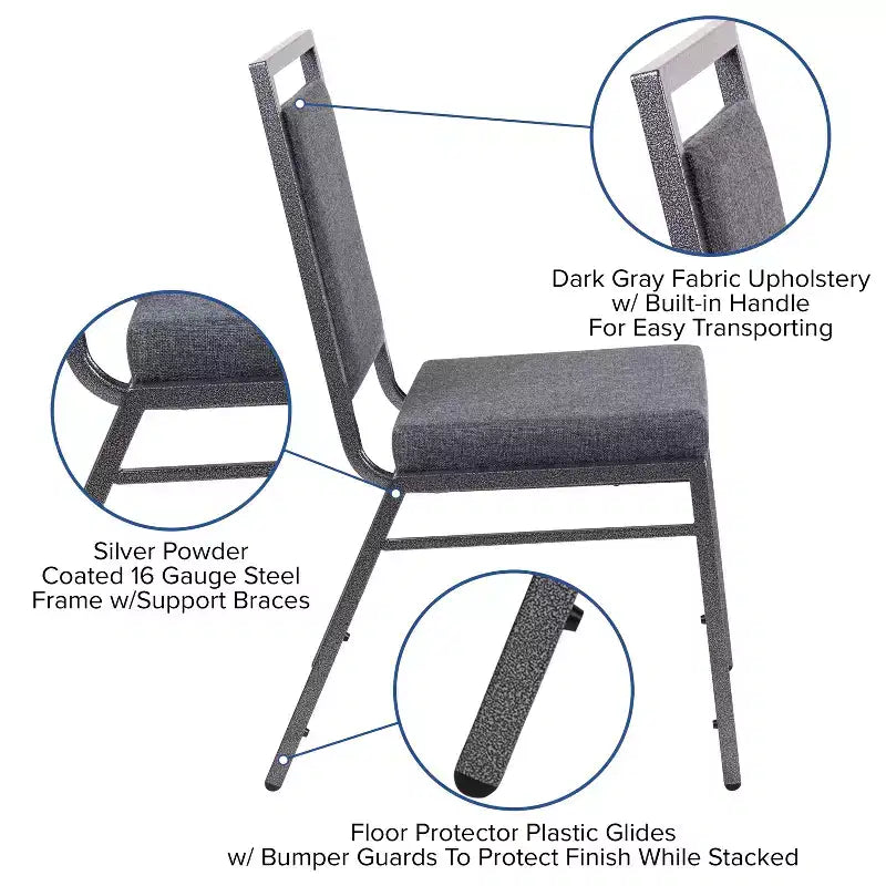 Chaise de banquet empilable avec dossier carré et cadre nervuré argenté.
