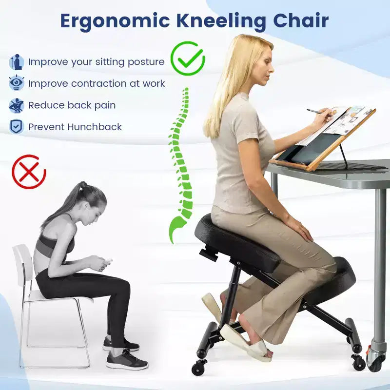 Chaise ergonomique à genoux Tabouret réglable avec roues universelles verrouillables Siège inclinable